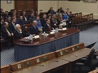 A panel of witnesses testified before the U.S. House of Representatives Subcommittee on Space about the path forward for NASA's human spaceflight program. The witnesses were (l to r) Tom Young, former director of NASA's Goddard Space Flight Center, John Sommerer, retired director of the Space Department at Johns Hopkins University, Paul Spudis, a senior scientist at the Lunar and Planetary Institute at the University Space Research Association.