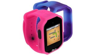 pink smartwatch next to a purple facia as part of our best kids' watches round up