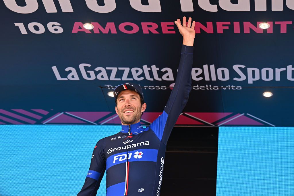 NAPLES ITALY MAY 11 Thibaut Pinot of France and Team Groupama FDJ Blue Mountain Jersey celebrates at podium during the 106th Giro dItalia 2023 Stage 6 a 162km stage from Naples to Naples UCIWT on May 11 2023 in Naples Italy Photo by Stuart FranklinGetty Images