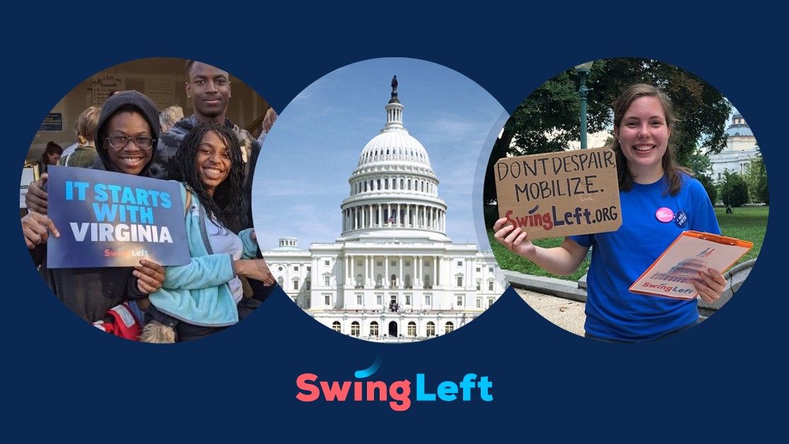 A collage of image shows grassroots activists and volunteers for Swing Left. 