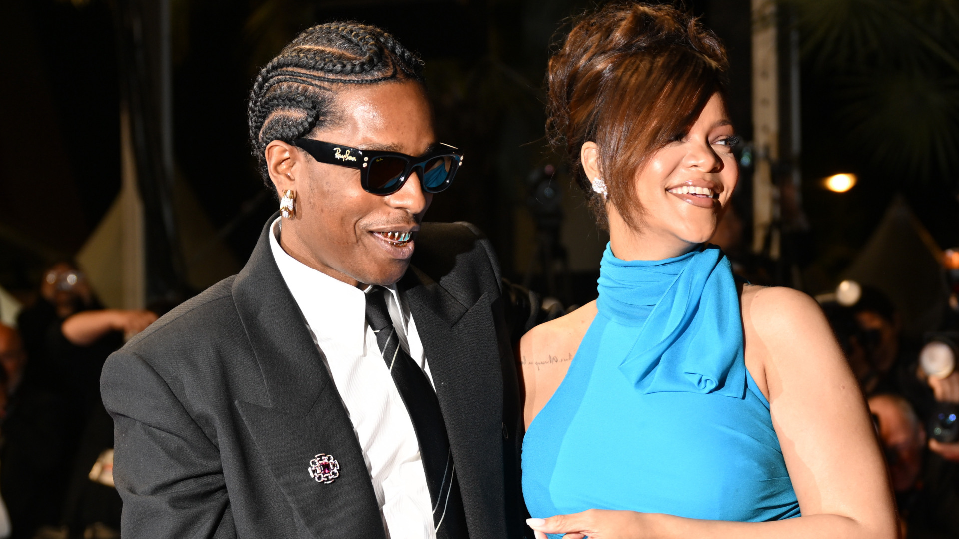 Rihanna wearing a high neck cut out dress