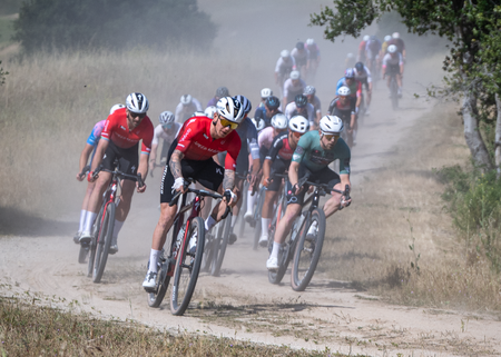 Men's elite field at 2026 Sea Otter Classic Gravel led by Keegan Swenson (centre) and Matt Beers (left) 