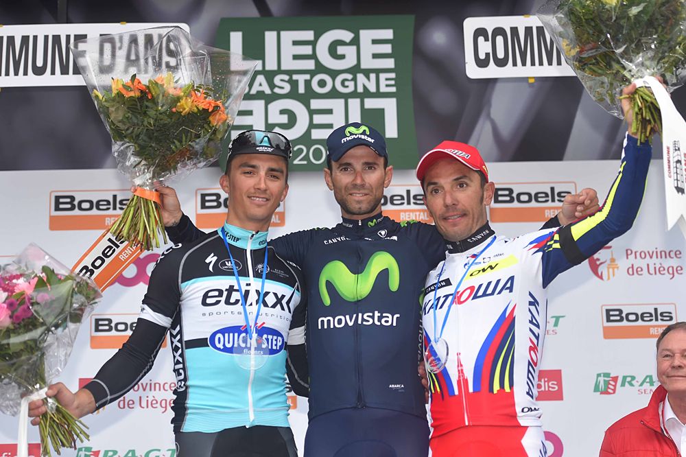 Alejandro Valverde (Movistar) tops the Liege-Bastogne-Liege podium
