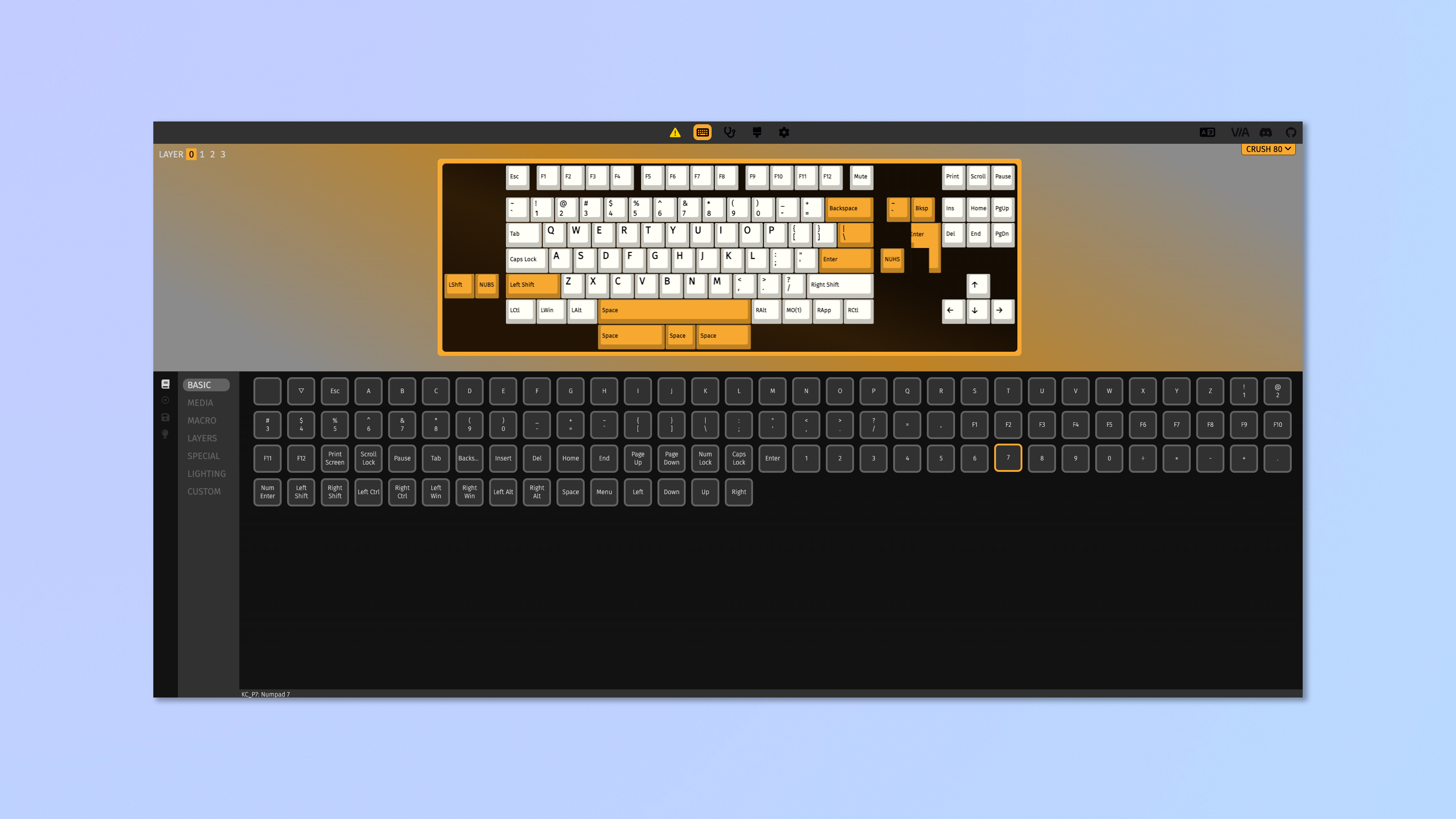 A screenshot showing the Wobkey Crush 80 being customzed in the VIA application