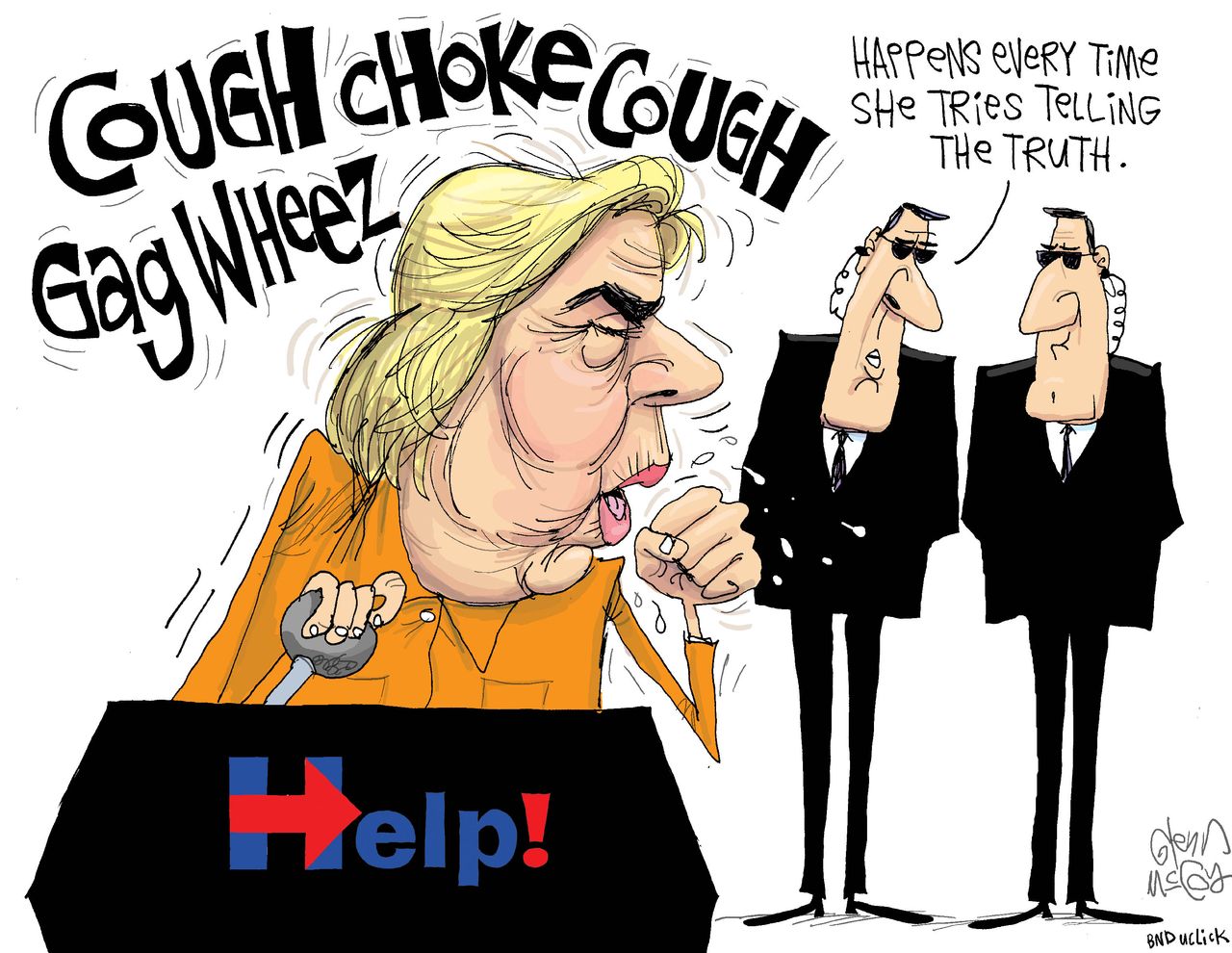 Political cartoon U.S. 2016 election Hillary Clinton coughing can&amp;#039;t tell truth