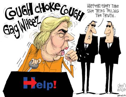 Political cartoon U.S. 2016 election Hillary Clinton coughing can't tell truth