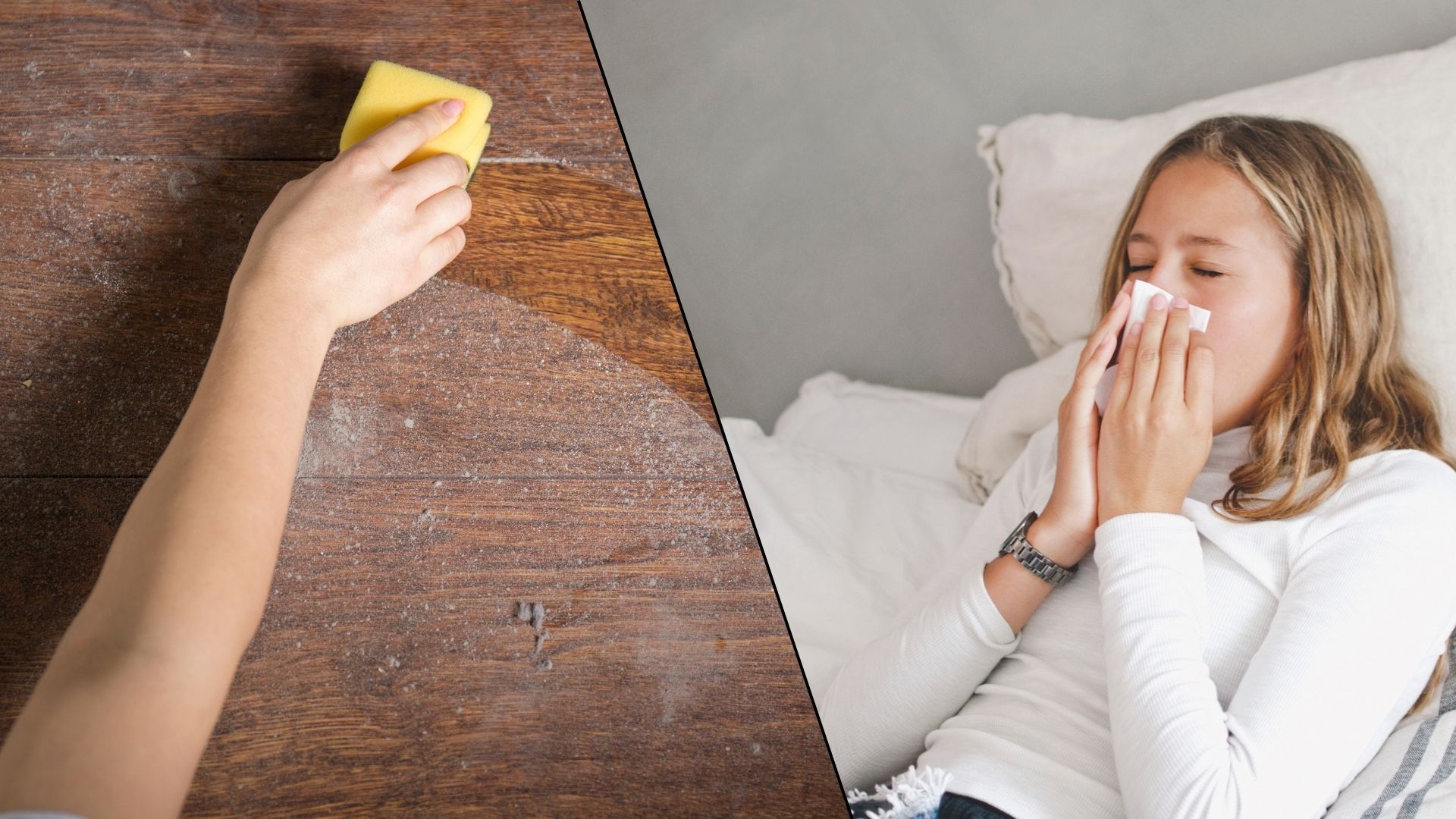 A split screen with an an image of dust being wiped from a nightstand and an image of a woman blowing her nose in bed because of allergens.