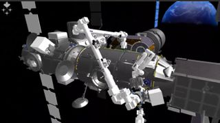 the gateway space station modules and the canadarm3 in a simulated environment. in back is a large earth for illustrative purposes only
