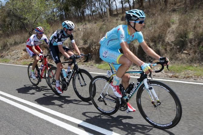 The three man breakaway of Ruslan Tleubayev (Astana), Maxim Belkov (Katusha) and Pieter Serry (Etixx-QuickStep)