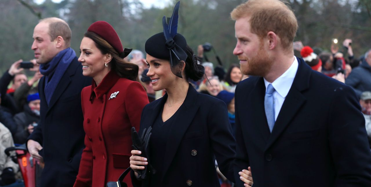 Prince William, Duke of Cambridge, Catherine, Duchess of Cambridge, Meghan, Duchess of Sussex and Prince Harry, Duke of Sussex leave after attending Christmas Day Church service