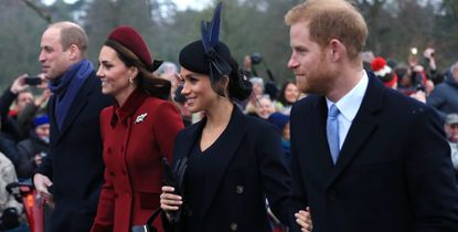 Prince William, Duke of Cambridge, Catherine, Duchess of Cambridge, Meghan, Duchess of Sussex and Prince Harry, Duke of Sussex leave after attending Christmas Day Church service