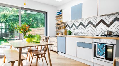 Kitchen with chevron splashback tile layout pattens