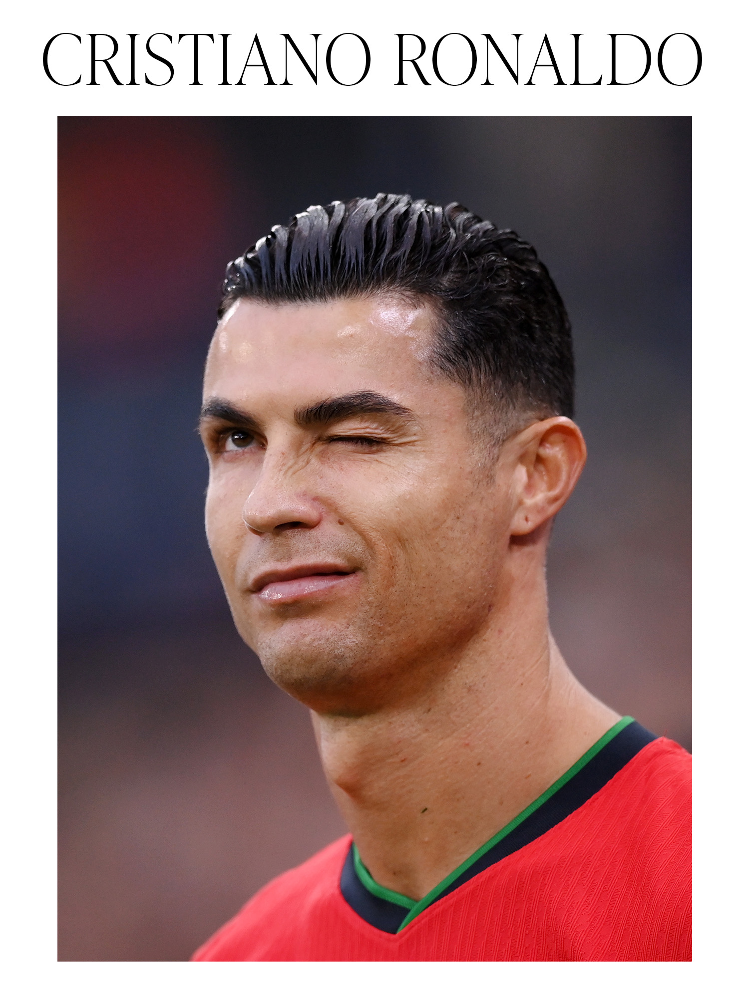 HAMBURG, GERMANY - JULY 05: Cristiano Ronaldo of Portugal winks prior to the UEFA EURO 2024 quarter-final match between Portugal and France at Volksparkstadion on July 05, 2024 in Hamburg, Germany.