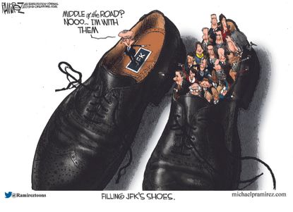 Political Cartoon U.S. JFK shoes filled Democrats middle of the road policies