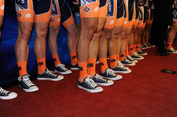 The Champion System Pro Cycling Team shows off its color and style.