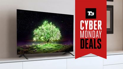 LG A1 with sign saying Cyber Monday deals