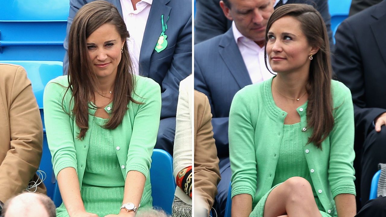 Composite of two pictures of Pippa Middleton wearing a jade green dress and cardigan co-ord at Queen’s Club in 2013 