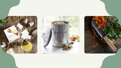 A composite image of three of the best gifts for gardeners in 2022: a cocktail growing set, a bird food tin and a personalised trowel