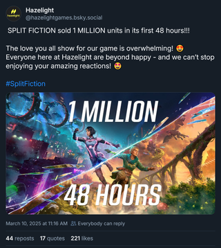 Split Fiction sold 1 million units in its first 48 hours!!! The love you all show for our <a href=