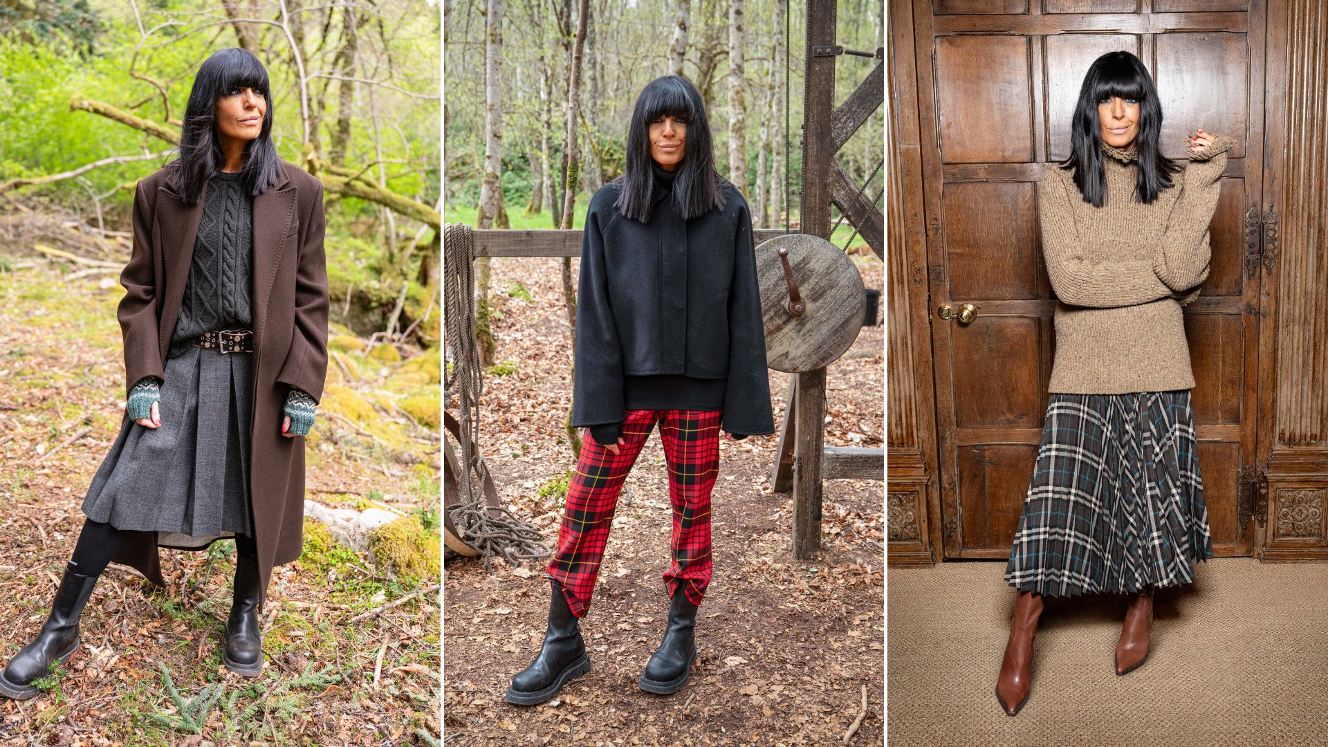 Three images of Claudia Winkleman hosting Celebrity Traitors 