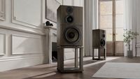 A pair of Revival Audio Atalante Grande R&eacute;serve speakers on stands in an expensive-looking classical room with French doors.