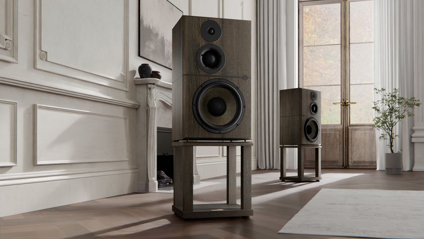 A pair of Revival Audio Atalante Grande R&eacute;serve speakers on stands in an expensive-looking classical room with French doors.