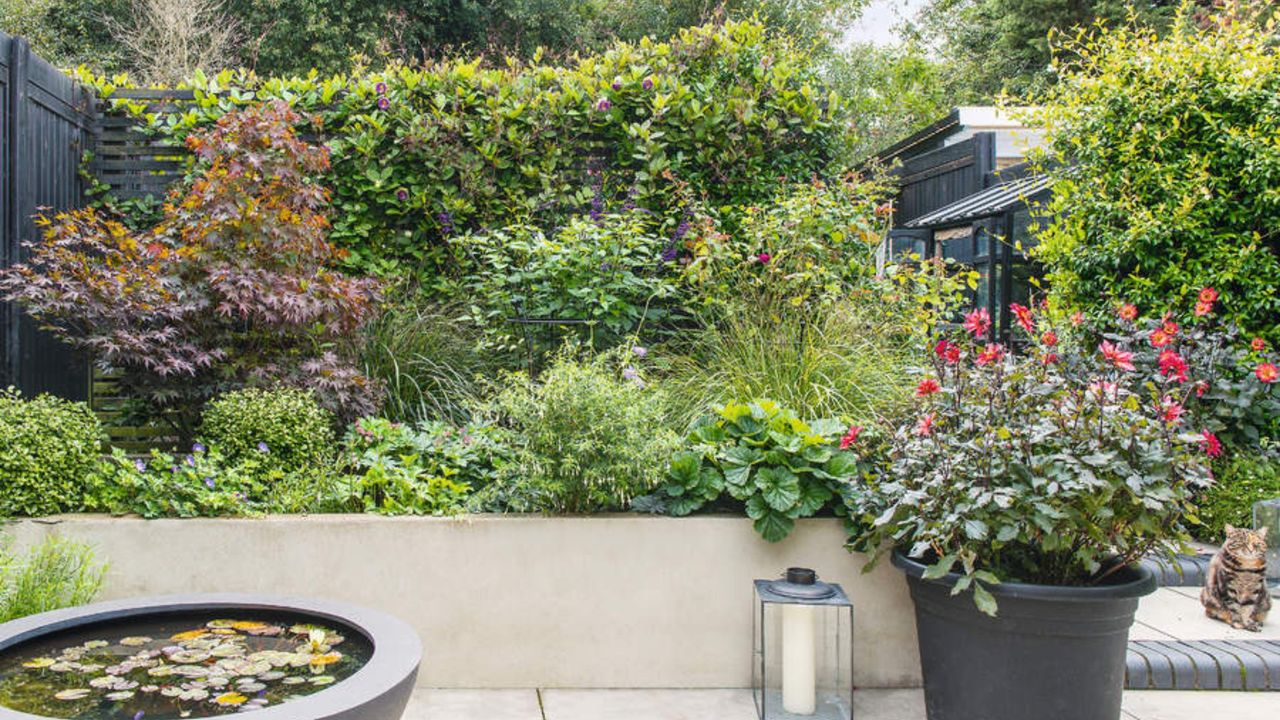 Spring garden filled with flowers and decorated with pond