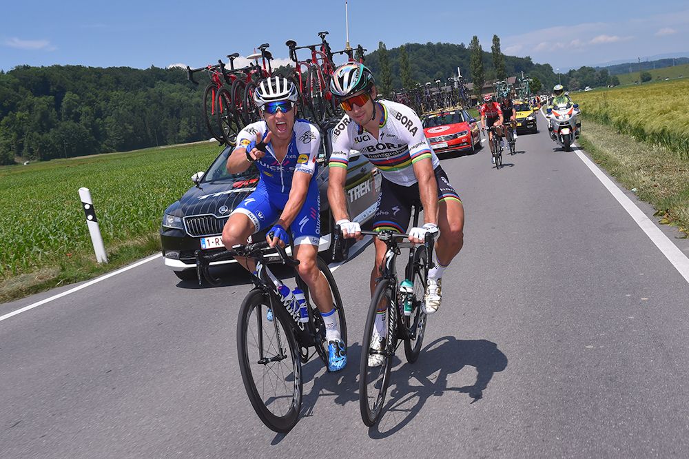 Peter Sagan and Zdenek Stybar during a light moment in the race