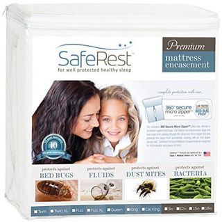 See through square bag packed with the white folder mattress protector with a picture of mum and daughter smiling on a bed, and images of bed bugs fluids dust mites and bacteria underneath