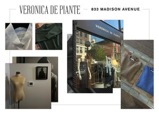 The interior of Veronica de Piante's UES store with the brand's name printed in serif text and the address in sans serif "833 Madison Avenue."