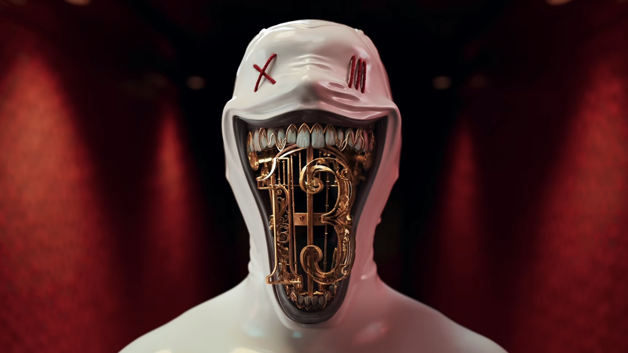 A weird entity's mouth opening wide and revealing the number 13 in American Horror Story 13 promo