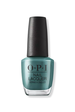 A bottle of jade green OPI nail polish against a white background.