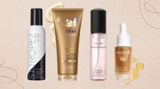 Collection of best fake tans (L-R) from St Tropez, Dove, Tan Luxe and Caudalie, on a beige background, with cream and serum swatches, plus brown swirls