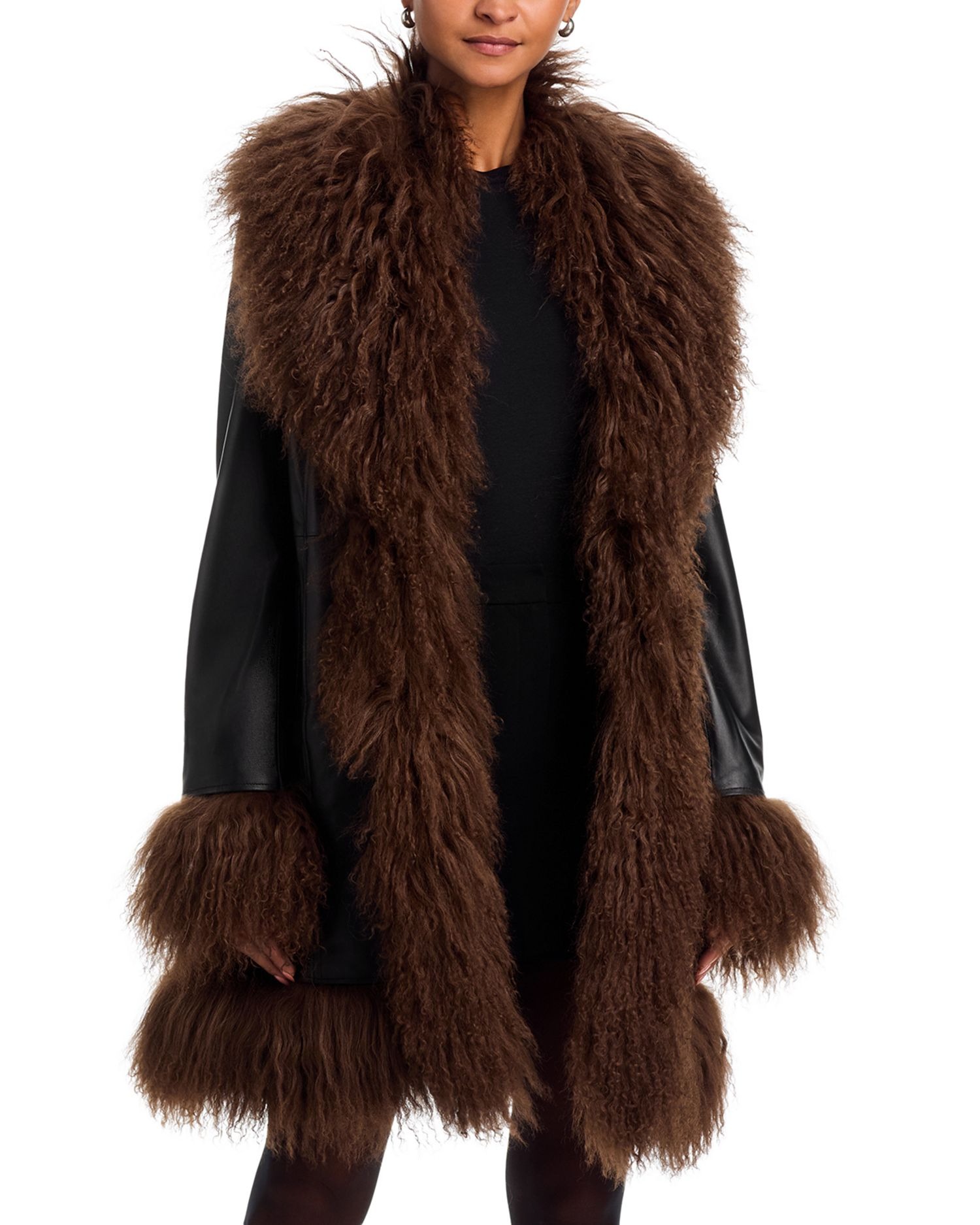 Dorothy Leather &amp;amp; Shearling Trim Midi Coat