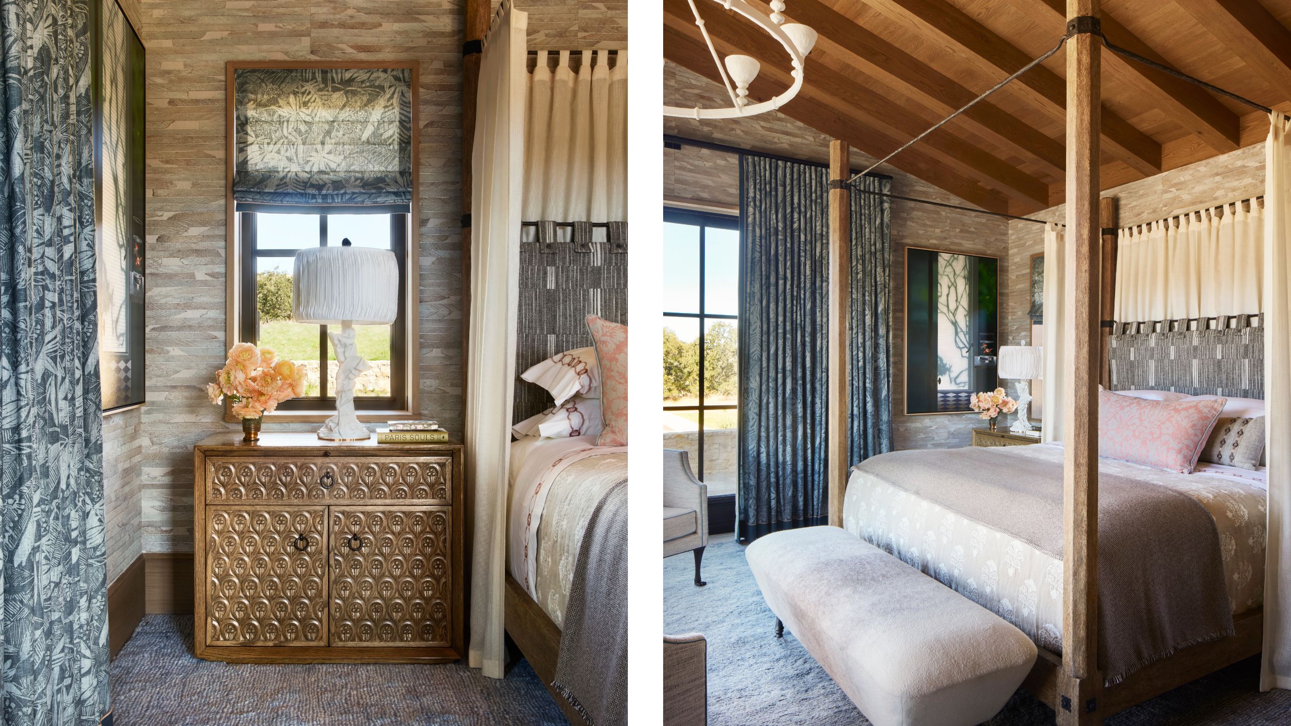 two side by side images of a timber clad primary bedroom with large four posted bed and blue textiles