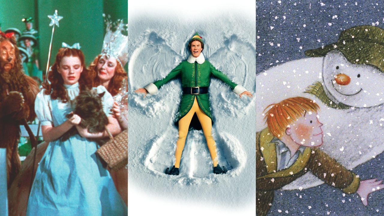 Festive films loved by celebrities including (L-R), The Wizard of Oz, Elf and The Snowman