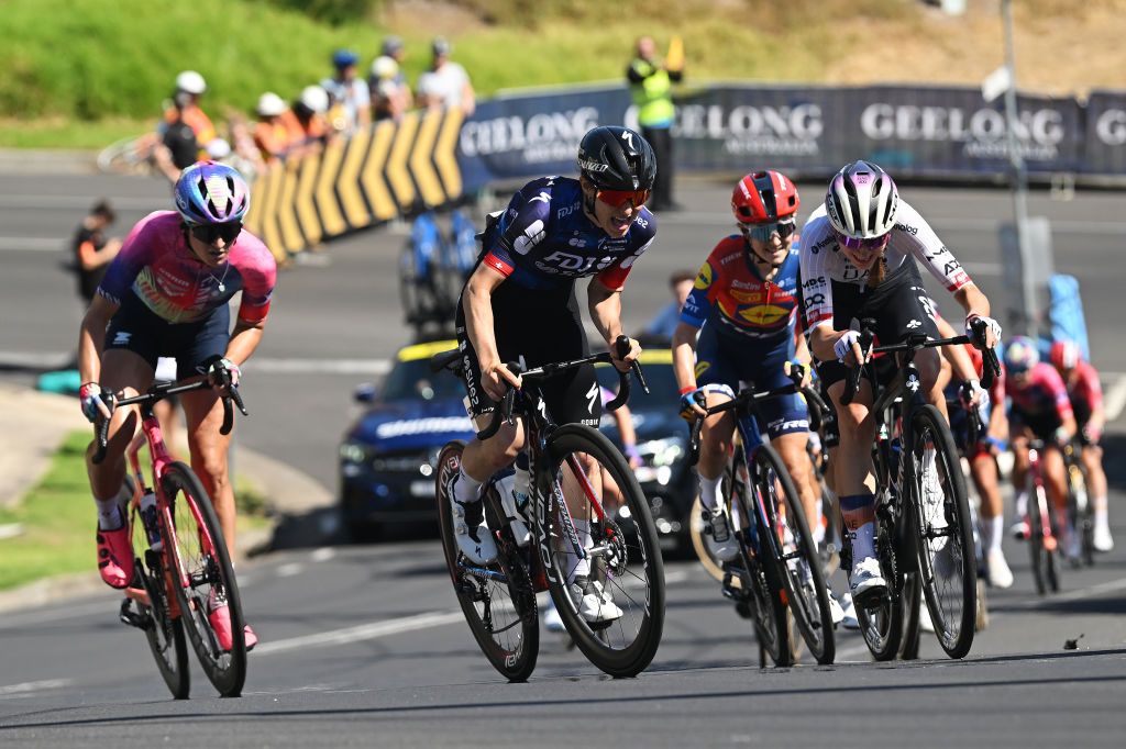 GEELONG AUSTRALIA FEBRUARY 01 LR Elise Chabbey of Switzerland and Team FDJ Suez and Dominika Wlodarczyk of Poland and UAE Team ADQ compete in the breakaway during the 9th Cadel Evans Great Ocean Road Race 2025 Womens Elite a 1418km one day race from Geelong to Geelong UCIWWT on February 01 2025 in Geelong Australia Photo by Dario BelingheriGetty Images