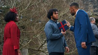 Christine (RAKIE AYOLA);Connor (JORDAN WILKS);Will (LLOYD EVERITT) in a heated debate at Megan&#039;s wedding in The Pact season 2