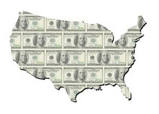 Map of united states with neat one hundred dollars bills - stock photo