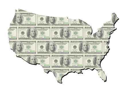 Map of united states with neat one hundred dollars bills - stock photo