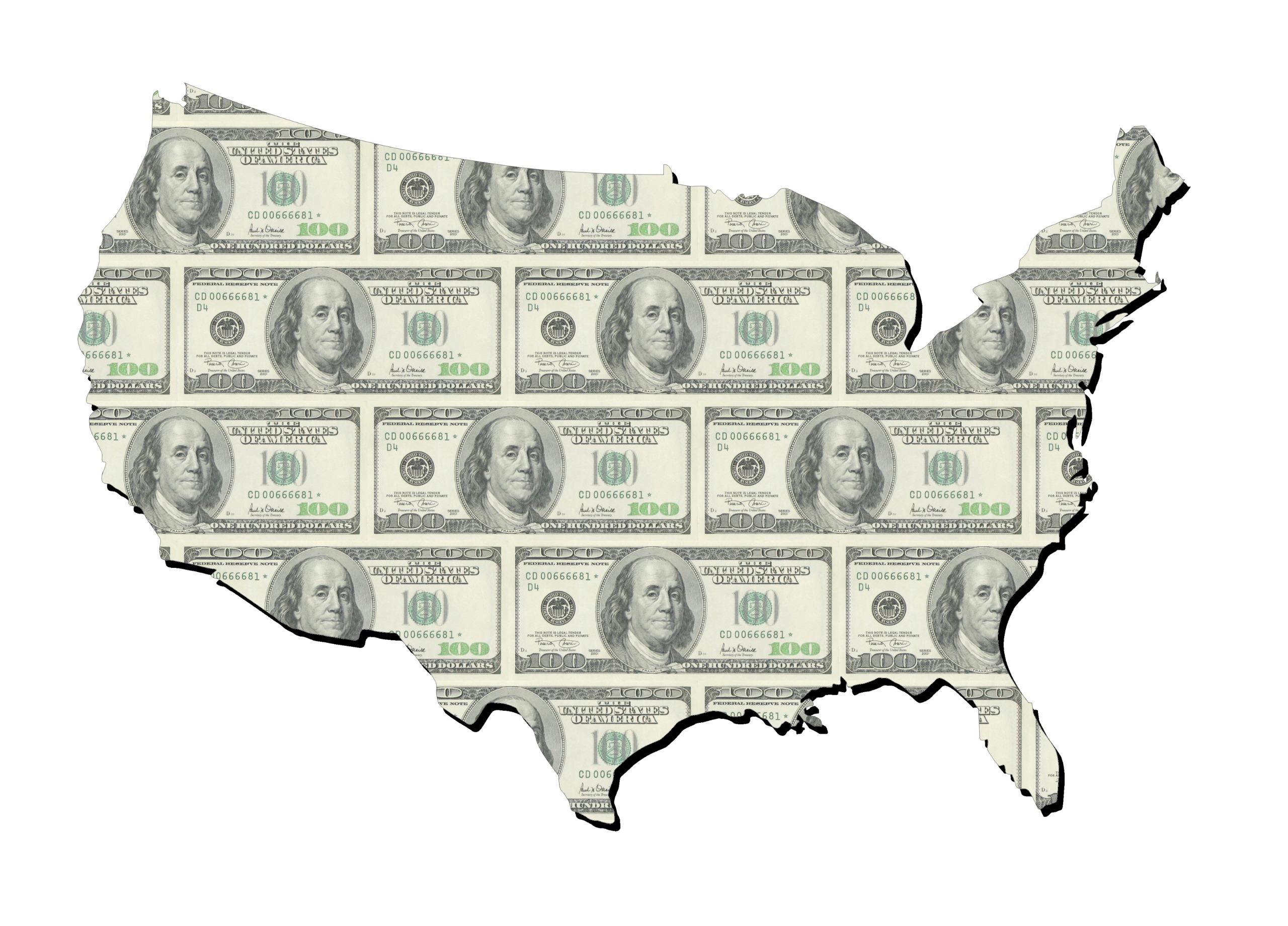Map of united states with neat one hundred dollars bills - stock photo