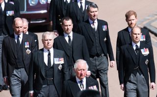 Prince Charles, Prince of Wales, Prince Andrew, Duke of York, Prince Edward, Earl of Wessex, Prince William, Duke of Cambridge, Peter Phillips, Prince Harry, Duke of Sussex, Earl of Snowdon David Armstrong-Jones and Vice-Admiral Sir Timothy Laurence, during the funeral of Prince Philip, Duke of Edinburgh on April 17, 2021 in Windsor, England