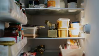 picture of open fridge with assorted food