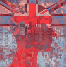 Montage illustration of financial investment numbers, UK flag and head shot