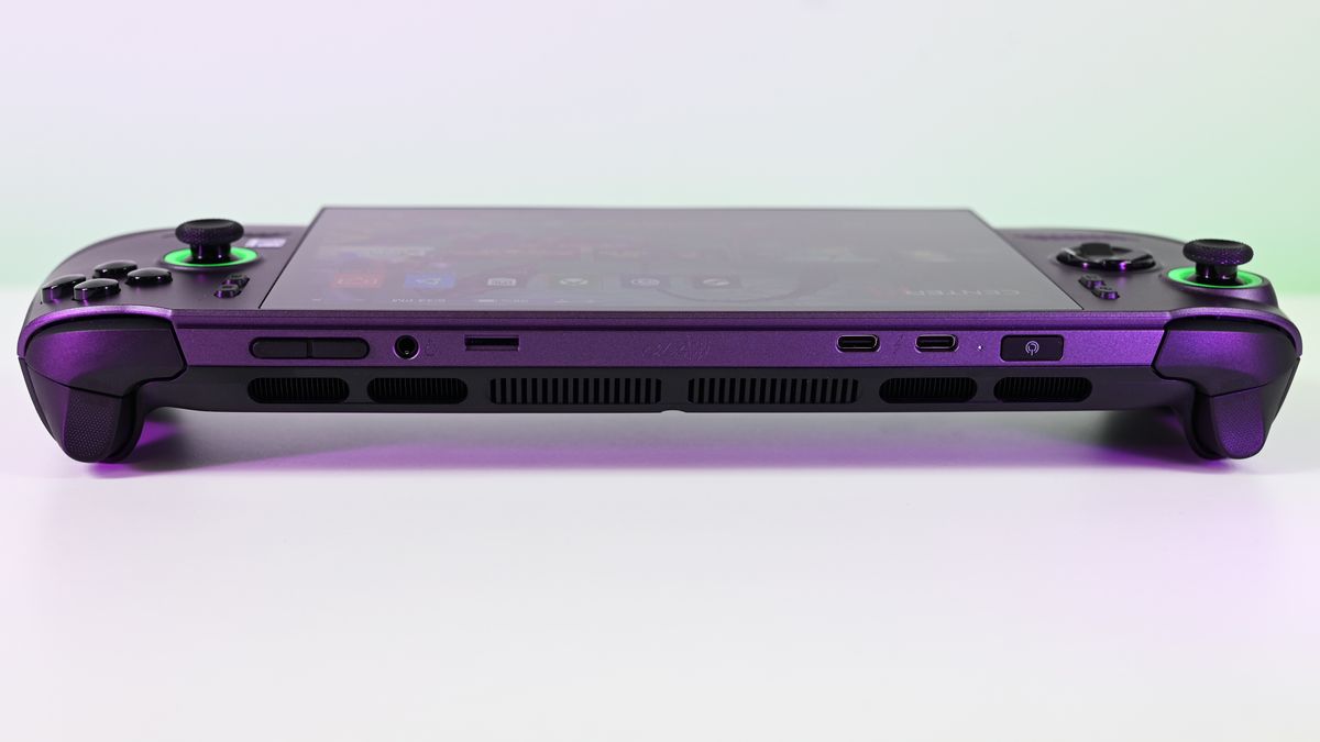 The top edge of the MSI Claw 8 EX AI+ showing cooling vents, two USB-C ports, a headphone jack, a microSD slot, and power and volume buttons.