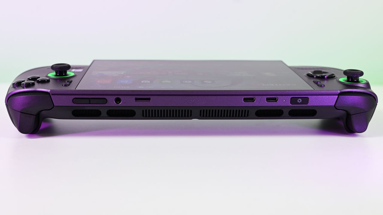 The top edge of the MSI Claw 8 EX AI+ showing cooling vents, two USB-C ports, a headphone jack, a microSD slot, and power and volume buttons.