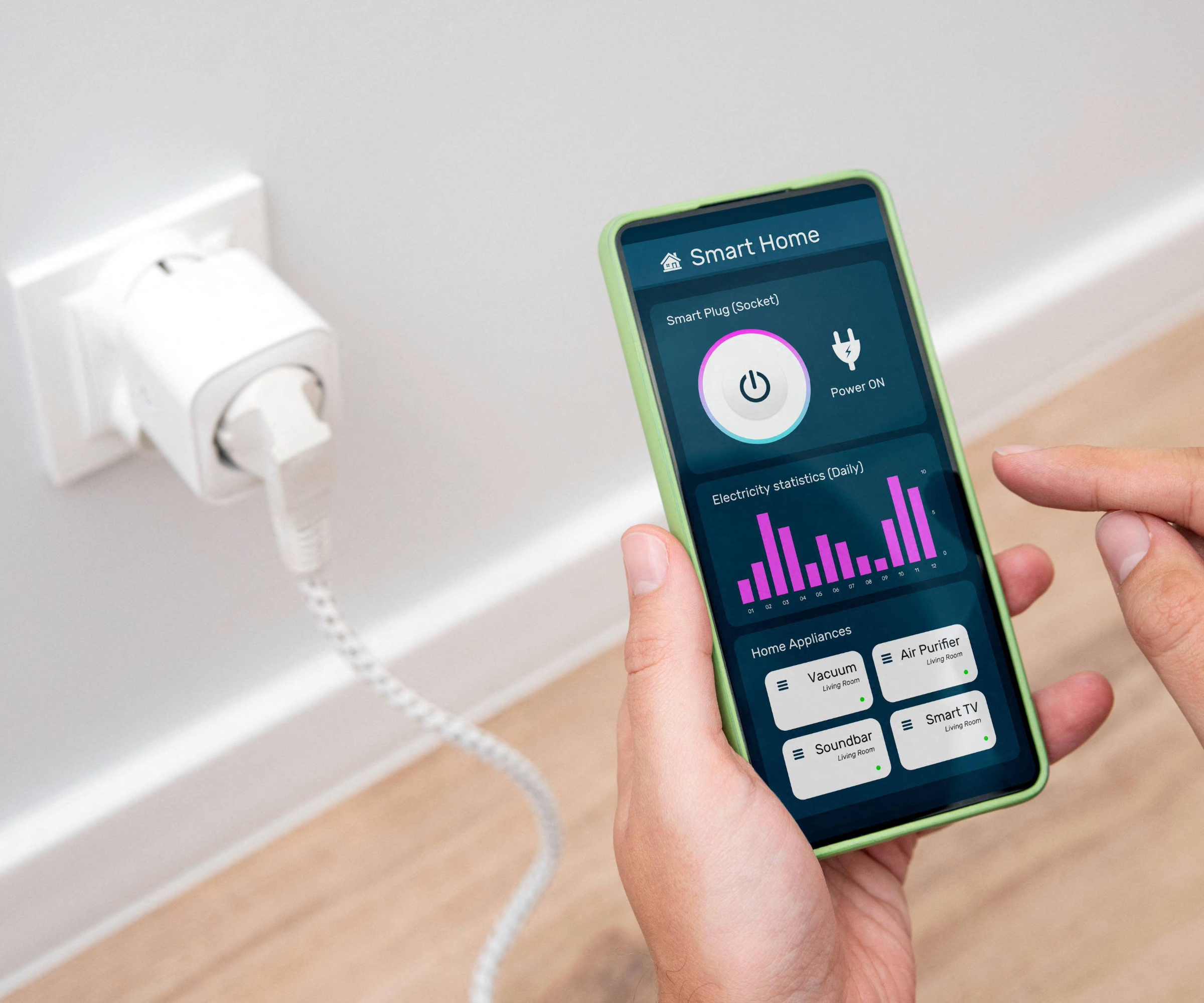 Phone displaying smart home app energy efficiency with a smart plug in the background