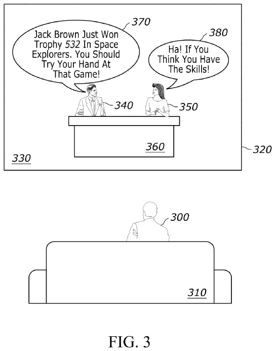 Images from a patent Sony has filed in the US of a system where videogame characters can advertise or give you tips.