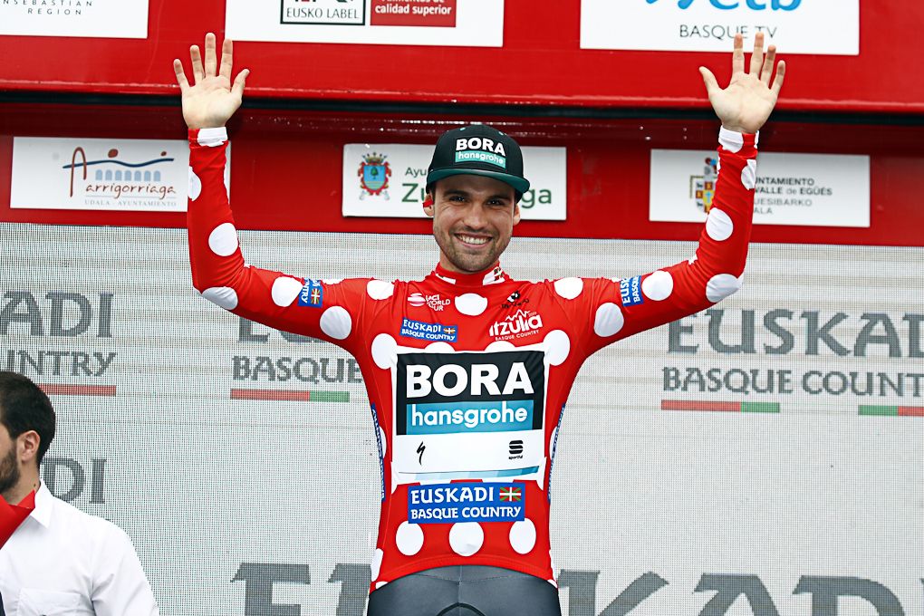 Maximilian Schachmann (Bora-Hansgrohe) in polka dots after stage 1 at Pais Vasco