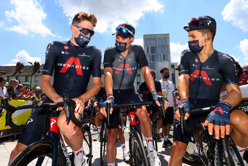 CHATEAUROUX FRANCE JULY 01 Tao Geoghegan Hart of The United Kingdom Luke Rowe of The United Kingdom Micha Kwiatkowski of Poland and Team INEOS Grenadiers at start during the 108th Tour de France 2021 Stage 6 a 1606km stage from Tours to Chteauroux LeTour TDF2021 on July 01 2021 in Chateauroux France Photo by Michael SteeleGetty Images